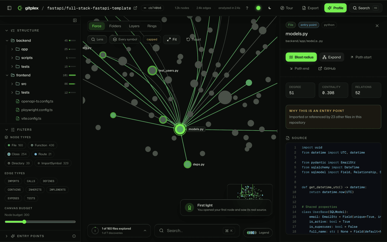 The gitplex explorer with the structure rail on the left, the graph in the middle and a selected file in the inspector on the right