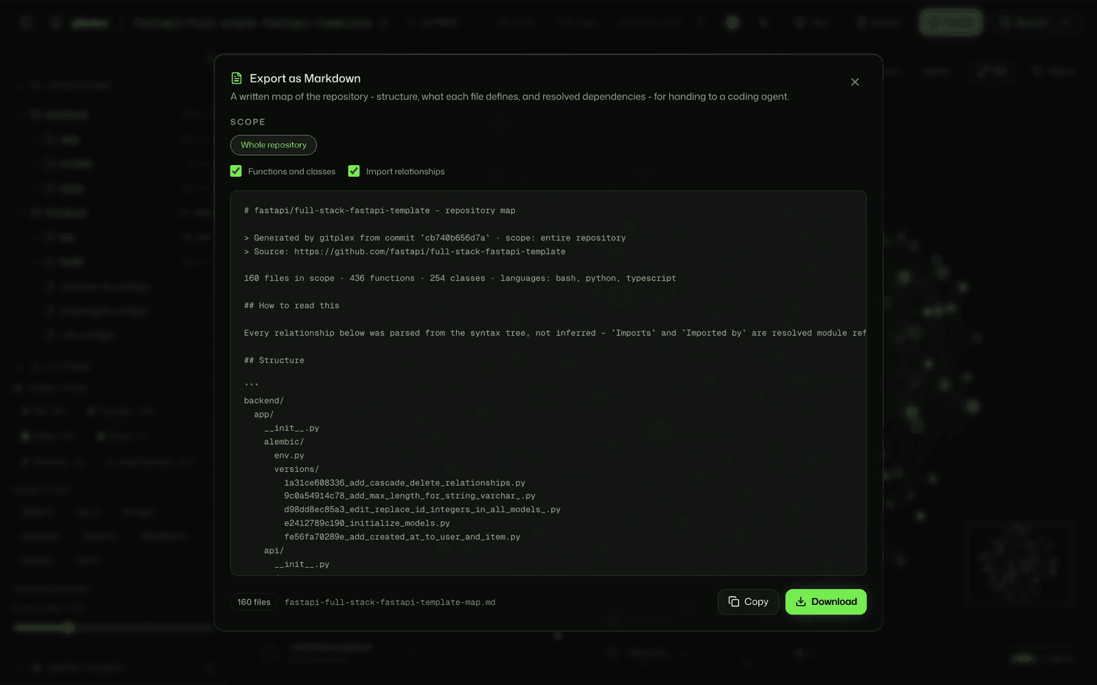 The export dialog with scope, toggles and a Markdown preview