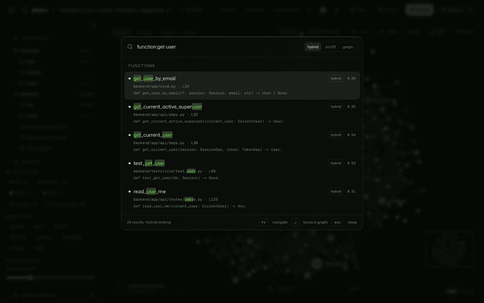 The command palette showing results for a function search
